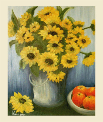 Zonnebloemen in zinken emmer